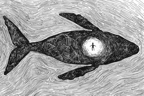 Jonah in the Fish Whale Sketch, Biblical Scenes, Whale Tattoo, Christian Illustration, Jonah And The Whale, Whale Tattoos, Solitary Confinement, Bible Illustrations, Church Stage