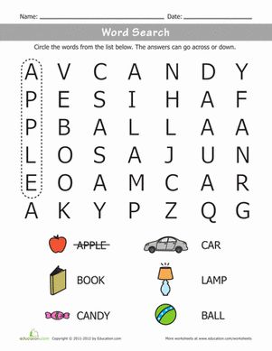 This word search may seem like mindless fun, but as your child hunts for words she's honing her spelling and observational skills! Kindergarten Word Search, Word Puzzles For Kids, Easy Word Search, Kindergarten Phonics Worksheets, Kindergarten Reading Worksheets, Kids Worksheets Preschool, Free Kindergarten Worksheets, English Worksheets For Kids, Phonics Kindergarten