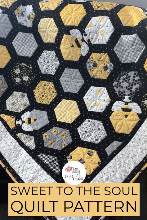 Sweet to the Soul by Jillily Studio is a fun and unique quilt pattern that features both piecing and appliqué! #quiltpattern #quilts #applique #beequilt Bee Themed Quilt Patterns, Bumble Bee Quilt Pattern, Hexagon Bee Quilt, Bee Fabric Quilts, Bee Sewing Projects, Quilt Patterns Hexagon, Bee Quilt Ideas, Quilt As You Go Hexagons Free Pattern, Bee Hive Quilt Pattern