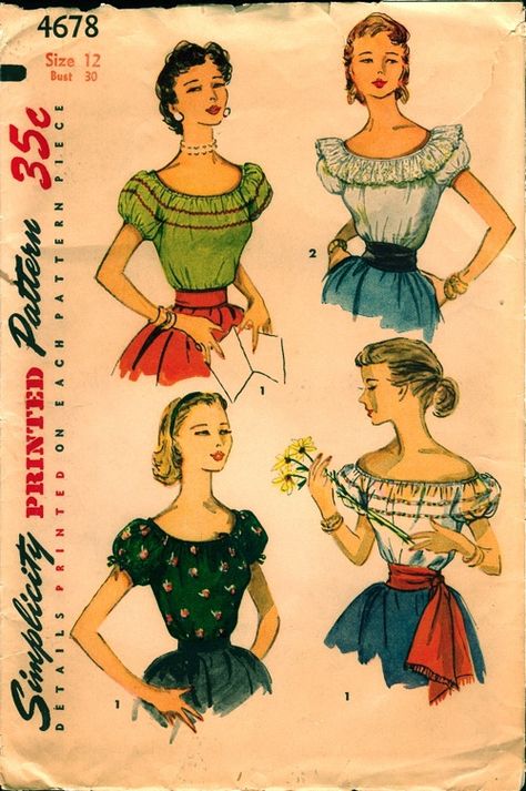 Simplicity 4678 Vintage Blouse Pattern, Peasant Blouses Pattern, 1940s Blouse, Elastic Casing, 1950s Sewing Patterns, Patron Vintage, Sewing Blouses, Vintage Dress Patterns, Blouse Pattern Sewing