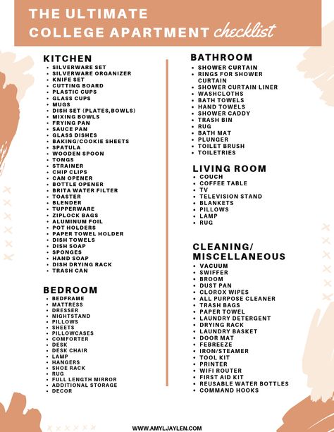 College Apartment Checklist, New Apartment Checklist, College Apartment Kitchen, First College Apartment, Apartment Necessities, First Apartment Tips, College Bedroom Apartment, First Apartment Essentials, New Home Checklist