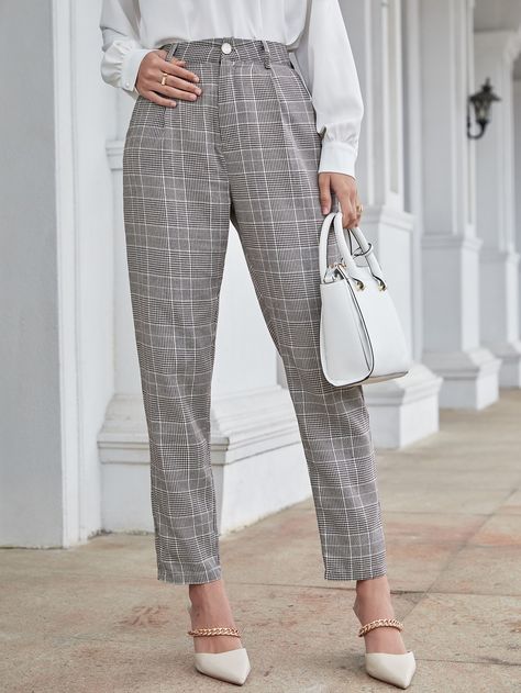 High Waist Glen Plaid Tailored Pants Grey Check Pants Outfit Women, Grey Plaid Pants Outfit, Plaid Trousers Outfit, Grey Plaid Pants, Plaid Aesthetic, Women Suit Pants, Formal Pants Women, Plaid Pants Outfit, Plaid Pants Women