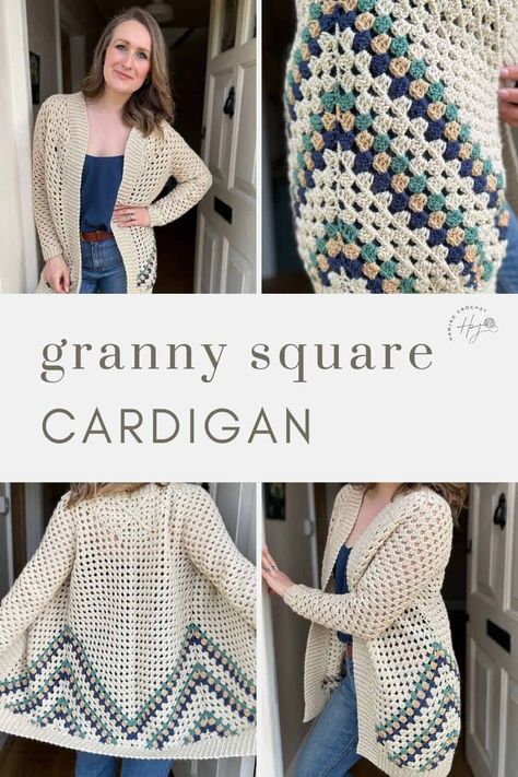 Modern Granny Square Cardigan Pattern | HanJan Crochet Easy Crochet Pullover Sweater, Crochet Sweater Cardigan, Granny Square Sweater Pattern Free, Granny Stitch Cardigan, Crochet Sweater Ideas, Granny Square Cardigan Pattern, Crochet Vest Patterns, Chunky Yarn Patterns, Crochet Vest Outfit