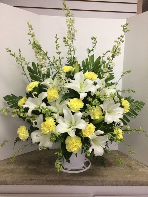 Arrangements With Lilies, Yellow Flower Arrangements, Luxury Flower Arrangement, Yellow Carnations, Church Wedding Flowers, Easter Flower Arrangements, White Flower Arrangements, Altar Flowers, Large Flower Arrangements