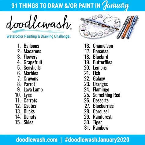 Doodlewash® ~ JANUARY 2020 ART CHALLENGE: Colorful Things! Watercolor Exercises, Artist Block, Watercolour Challenge, Daily Prompts, Art Challenges, Things To Draw, Drawing Prompt, Wallpaper Vintage, Art Prompts