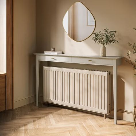 Mirror Over Radiator, Dressing Table Over Radiator, Radiator Console Table Diy, Radiator Cover Console Table, Shelf Over Radiator Hallway, Radiator Table Hallway, Console Table Above Radiator, Window With Radiator Underneath, Bed In Front Of Radiator