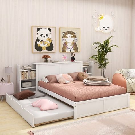 Queen Size Storage Platform Bed with Pull Out Shelves And Twin-Size Trundle - Bed Bath & Beyond - 38087699 Bed With Pull Out Bed Underneath, Girls Queen Bed, Bed Design For Girls Room, Bed For Teenage Girl, Girls Beds Ideas, Room Ideas For 10 Year Girl, Bed Ideas For Girls Room, Queen Bed Aesthetic