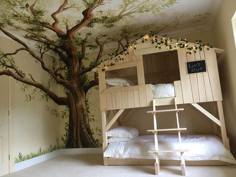 Forest Themed Mural, Magical Forest Bedroom Ideas, Woodland Themed Bunk Beds, Tree House Bedroom For Boys, Playroom Forest Theme, Tree Bedroom Mural, Forest Wall Art Bedroom, Toddler Bedroom Forest, Forest Themed Nursery Wallpaper