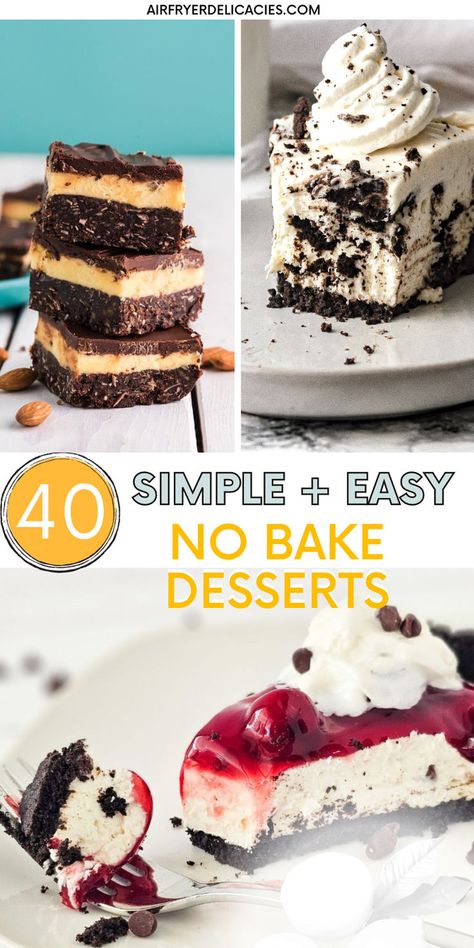 A Collection of 40 amazing no-bake desserts, perfect for a quick and easy dessert. The detailed recipes will help you make yours aslo. Recipes Without Oven, Quick Treats, Baked Dessert Recipes, No Bake Treats, Puddings, Christmas Recipes, Something Sweet, Dessert Ideas, Cheesecake Recipes