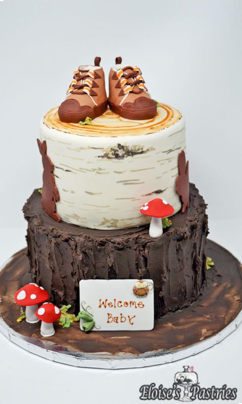 Woodsy Baby Shower Cake, Mushroom Baby Shower Cake, Hiking Theme Baby Shower Ideas, Hiking Baby Shower Theme, Mountain Theme Baby Shower Ideas, Adventure Baby Shower Cake, Mushroom Baby Shower Theme, Forest Baby Shower Cake, Mushroom Baby Shower Ideas