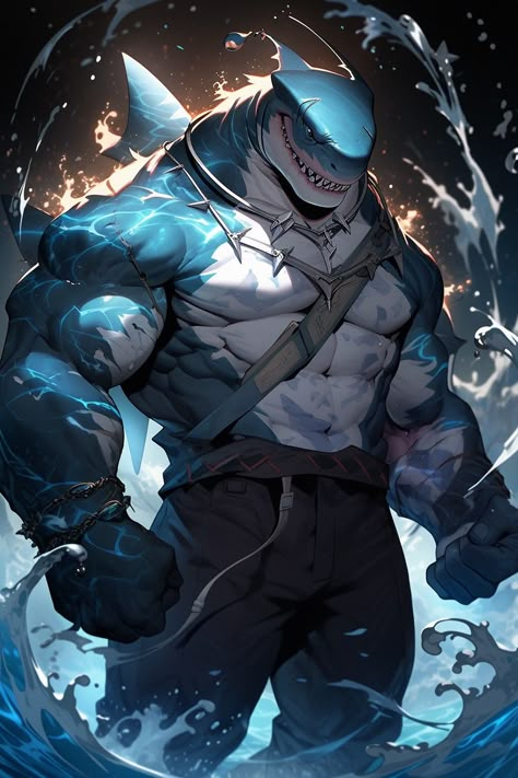 Shark Anthro Male, Fishman Character Design, Shark Man Art, Shark Humanoid, Minion Wallpaper Iphone, Shark Character, Sea Creatures Art, Hybrid Art, Shark Man