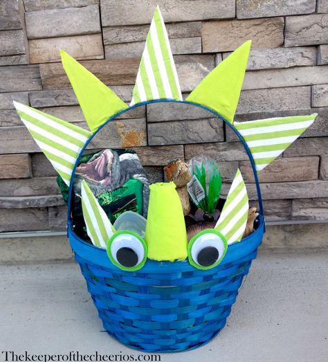 Dinosaur Easter Basket - The Keeper of the Cheerios Dinosaur Easter Basket Ideas, Cardboard Basket, Crafts Dinosaur, Dinosaur Easter Basket, Blue Easter Basket, Make A Dinosaur, Creative Easter Baskets, Diy Dinosaur, Easter Basket Ideas