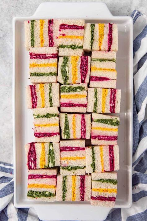 Colourful Sandwiches, Ribbon Sandwiches, Tea Party Sandwiches Recipes, Tea Party Sandwiches, Sandwiches Recipes, Tea Sandwiches Recipes, Sandwhich Recipes, Food Platter, Tea Supplies