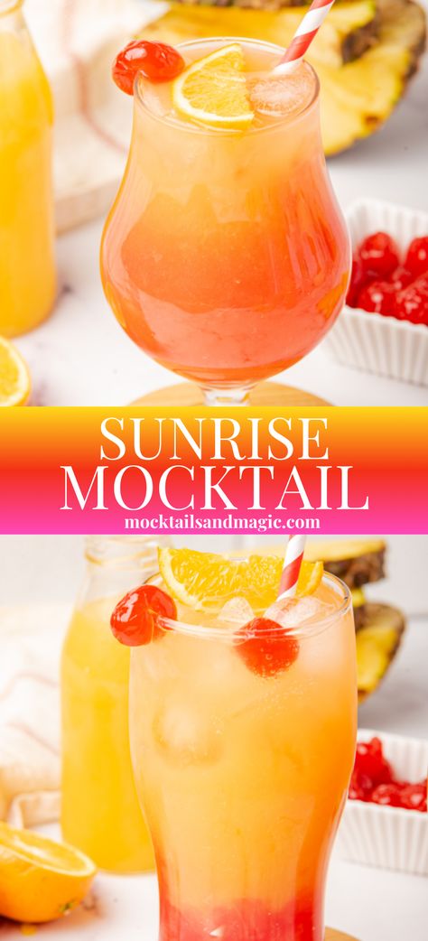 Sunrise Mocktail – This tropical and sweet Sunrise Mocktail is like a classic Tequila Sunrise but in a non-alcoholic version! Perfect pineapple and orange mocktail for brunch or any other special occasion! Tequila Sunrise Mocktail Recipe, Pineapple Juice Mocktail Non Alcoholic, Orange Drink Ideas, Best Summer Mocktail, Tropical Mocktails For Luau, Tropical Drink Recipes Nonalcoholic, Sunrise Mocktail Recipe, Yummy Summer Drinks Non Alcoholic, Margarita Recipes Non Alcoholic