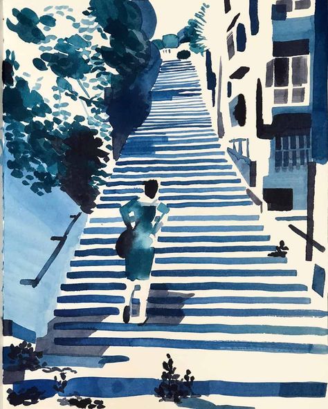 Abstract Art by Christoph Niemann | Drawing | ARTWOONZ Steep Stairs, Traditional Animation, Christoph Niemann, Landscape Study, Restaurant Outdoor, Summer Drawings, Inspiring Illustration, Observational Drawing, Watercolor Architecture