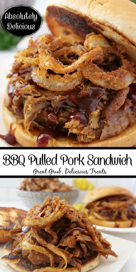 Fried Onion Strings, Fried Onions Recipe, Pulled Pork Oven, Leftover Pork Roast, Pulled Pork Leftover Recipes, Pork Sandwich Recipes, Roast Pork Sandwich, Onion Strings, Bbq Pork Sandwiches