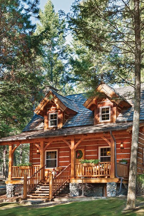 Two Story Log Cabin, Montana Log Cabin, Cabin In Montana, Small Log Cabin Exterior, Cabin Woods Aesthetic, Big Cabin In The Woods, Rustic Log Cabin Exterior, Log Houses Exterior, Montana Cottage