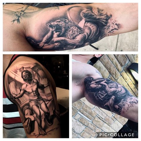 Samson And The Lion Tattoo, Samson Tattoo Design, Sampson Bible Tattoo, Samson Tattoo, Spilled Ink, Bible Tattoos, Inner Arm Tattoos, Astronaut Tattoo, Ribcage Tattoo