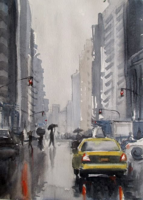 Watercolor Reference, Joseph Zbukvic, Digital Art Journal, New York Cityscape, A Level Art Sketchbook, Watercolor City, Rain Painting, Sketch Journal, Watercolor Architecture