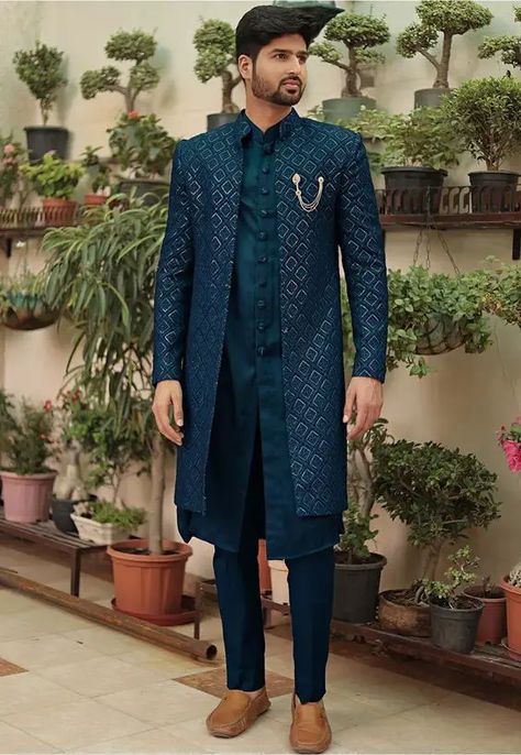 Explore Top 20 Men's Wedding Attire Indian Styles for 2024 - Luxurious & Traditional Outfits Unique Mens Wedding Suits, Engagement Dress For Men, Blue Sherwani, Indian Wedding Clothes For Men, Mens Wedding Suits, Sherwani For Men Wedding, Wedding Kurta For Men, Groom Dress Men, Wedding Dresses Men Indian