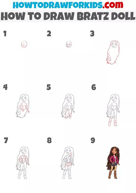 How To Draw A Bratz Doll, How To Draw Bratz, How To Draw Bratz Step By Step, Bratz Doll Drawing Easy, Doll Drawing, Easy Drawing Tutorial, Cuddly Teddy Bear, Drawing Tutorials For Kids, Simple Canvas Paintings