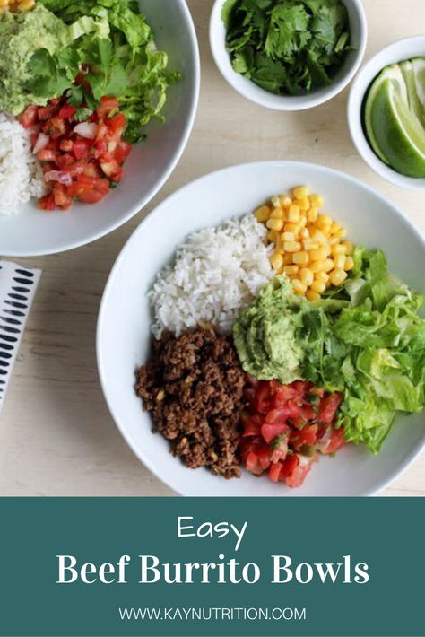 These healthy burrito bowls are made with ground beef, rice, lettuce, veggies and avocado and a perfect for a quick and easy weeknight dinner. Hamburger Burrito Bowl, Ground Beef Burrito Bowl, Easy Burrito Bowl, Inflamation Diet, Healthy Burrito, Beef Burrito Recipe, Healthy Burrito Bowl, Avocado Tortilla, Quick Guacamole