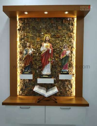 Designs by Contractor TARUNA NANDA, Gurugram | Kolo Wall Altar Ideas Catholic, Altar Catholic, Prayer Altar, Jesus Christ Statue, Home Altar Catholic, Puja Items, Wooden Temple, Altar Design, Church Interior Design