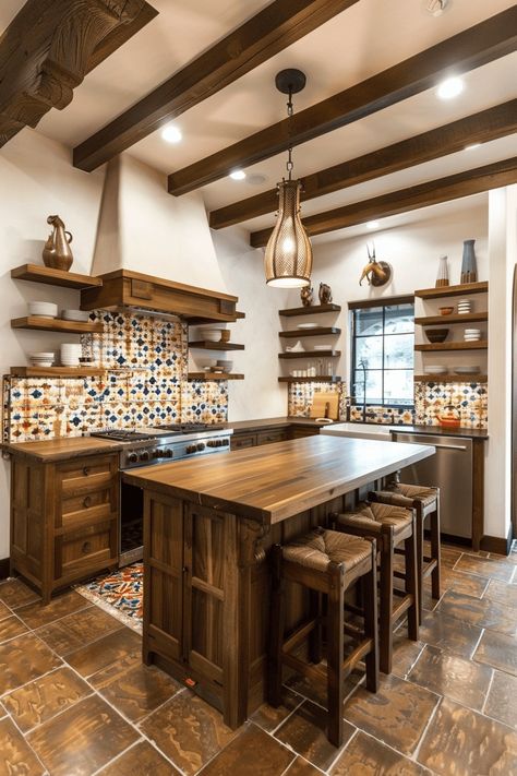 Hacienda Style Kitchen Mexico, Modern Hacienda Kitchen, Mexican House Interior, Mexican Kitchen Design, Spanish Kitchen Design, Hacienda Style Kitchen, Modern Mexican Home, Earthy Kitchen, Log Home Interior