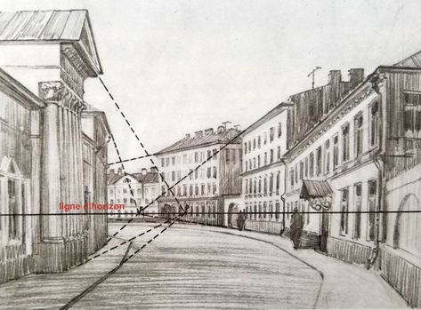 Comment dessiner un paysage en perspective - Apprendre la peinture avec Elena Kuznetsova ! Two Point Perspective City, Perspective Sketch, Blind Girl, Perspective Drawing Architecture, City Sketch, Black And White City, City Drawing, Perspective Art, Perspective Drawing