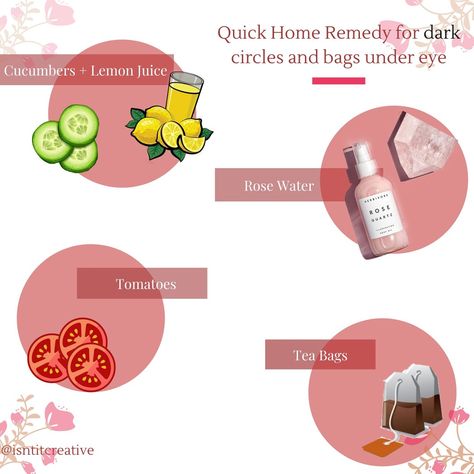 The best routine for getting rid of dark circles and under eye bags.  Follow this four steps for quick and best home remedy.  4 tips are- 1. Cucumber + Lemon Juice -  Try mixing equal parts cucumber and lemon juice and then use a cotton ball to apply your under eye circles. Leave the solution on your skin for 15 minutes and then  rinse with warm water  2. Rose Water - Rose water not only smells fantastic but also soothe and rejuvenate tired skin. Just soak cotton makeup remover pads in rose wate Cucumber Lemon Juice, Best Routine, Dark Circle Remedies, Under Eye Circles, Eye Natural, Makeup Remover Pads, Eye Circles, Under Eye Bags, Undereye Circles