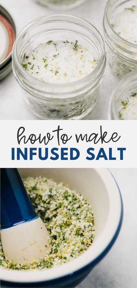 Infused Salts are a welcome addition to any kitchen. Made and flavored with simple, natural ingredients, homemade flavored salts are a versatile and frugal diy holiday gift for just about everyone on your shopping list. Infused salts have endless uses - from seasoning steaks, roasts and chicken to adding subtle flavor to avocado toast and salad dressings, the sky is the limit. Click through for our favorite flavor combinations and uses! #diy #homemade #diygift Diy Herb Salt Gift, How To Make Herb Salt, Homemade Salt Mixes, Pickle Salt Recipe, Homemade Flavored Salt, Homemade Spices Gifts, Diy Finishing Salt, Homemade Salts Seasoning, Diy Flavored Salt Gifts