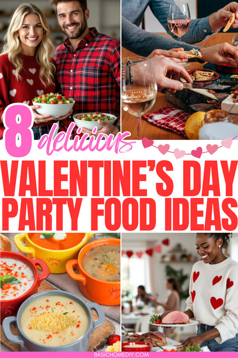 Enjoy 8 delicious Valentine’s Day party Food ideas for a holiday menu. Whether you're planning a romantic dinner buffet, a school party for kids, a girl's night, or an office party, this list has something for everyone. Create savory appetizers, snacks, classroom party food, and desserts. These easy recipes are ideal for a cocktail party, brunch, small gathering, or to feed a crowd. Create savory charcuterie boards, delicious treats, yummy snacks, and elegant main dishes for your party guests. Girls Night Menu Ideas, Valentine's Menu Ideas, Classroom Party Food, Work Party Food, Valentines Day Brunch Ideas, Valentines Day Foods, Office Party Foods, Day Party Food Ideas, Valentine's Day Menu Ideas