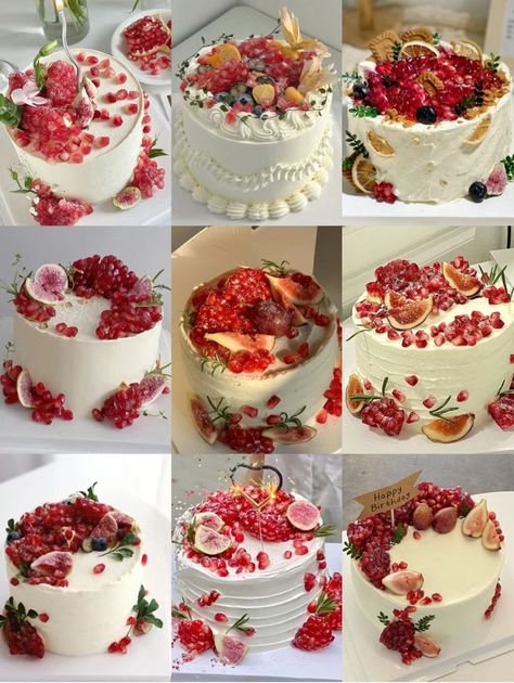 Cake With Pomegranate Design, White Cake With Fruit On Top, Pomegranate Cake Design, White Cake With Fruit, Cake With Fruit On Top, Cake Pomegranate, Trendy Cake Designs, Pomegranate Cake, Cake With Fruit