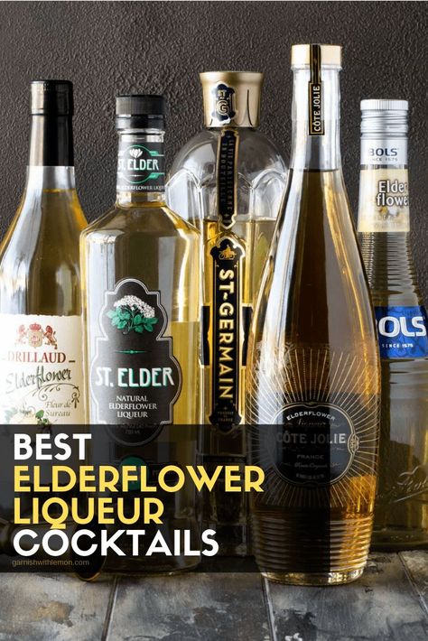 Learn everything you need to know about Elderflower Liqueur - including what it is, how to use it and sample some of the BEST Elderflower cocktail recipes around! #elderflower #elderflowerliqueur #cocktails #drinks Elderflower Liquor, Elderflower Recipes, Liqueur Cocktails, Elderflower Cocktail, Cocktail Appetizers, Cocktails To Try, Cocktails Recipes, Fruity Cocktails, Martini Recipes