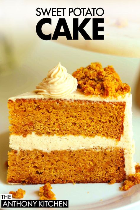 A slice of sweet potato cake served on a white plate.  On top of the slice of cake is a dollop of icing and some cake crumbles. Sweet Potato Layer Cake, Sweet Potatoes Cake Recipe, Sweet Potato Cake Southern, Sweet Potato Dessert Recipes, Potato Party, Sweet Potato Cakes, Sweet Potato Cake Recipe, Sweet Potato Cupcakes, Recipe Menu