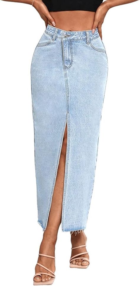 Amazon.com: Women's High Waist Maxi Denim Skirt Front Split Frayed Raw Hem A line Casual Long Jean Skirt Mid Blue XS. : Clothing, Shoes & Jewelry Maxi Jean Skirt, Maxi Denim Skirt, Long Jean Skirt, Denim Maxi Skirt, Casual Skirt, Jean Skirt, Summer Wear, Exclusive Collection, Online Boutique