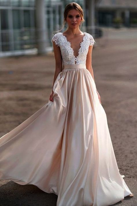 V-neckline Lace Cap Sleeves Wedding Dresses with Champagne Skirt sold by NarsBridal on Storenvy Champagne Skirt, Blush Wedding Dress, Wedding Dress Cap Sleeves, Wedding Dress With Lace, Aline Wedding Dress, 파티 드레스, Wedding Dresses Satin, A Line Wedding Dress, فستان سهرة