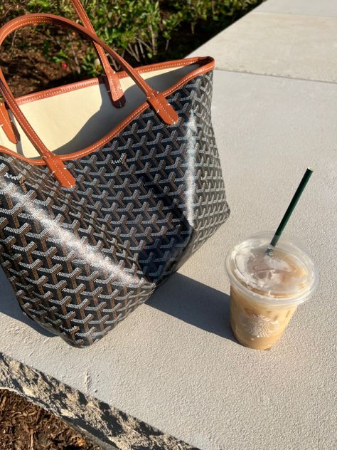 Goyard tote, starbucks iced chai, goyard Brown Goyard, Goyard Tote Outfit, Sweater Style Outfits, Goyard Tote Bag, Goyard Handbags, Goyard Tote, Iced Chai, Tote Outfit, Luxury Bags Collection