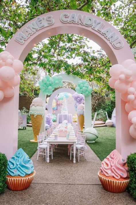 Take a look at this magical candyland birthday party! The party decorations are so impressive!! See more party ideas and share yours at CatchMyParty.com Land Of Sweets Birthday Party, Candyland Birthday Party Ideas, Candyland Birthday Party, Candyland Theme, Carnival Birthday Party Theme, Candy Land Birthday Party, Kid Hairstyles, Carnival Themed Party, Pink Birthday Party