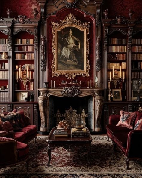 Dark Academia Parlor, Dark Victorian House Interior Design, Dark Academia Party Aesthetic, Dark Red Library, Academia Red Aesthetic, Dark Red Office, Dark Academia Aesthetic Living Room, Vampire Living Room, Living Room Aesthetic Vintage