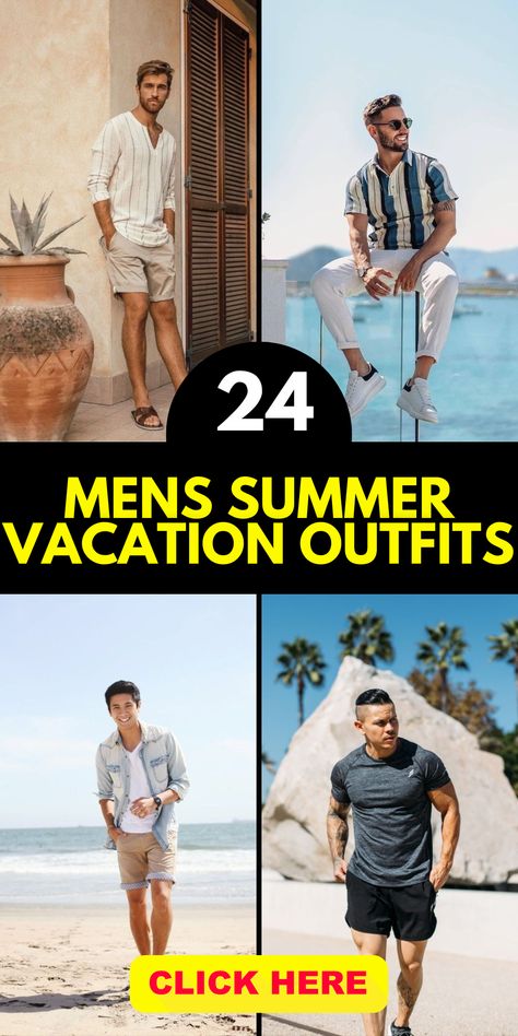 Dress to impress with men's vacation style that caters to different age groups. For those over 50, embrace a refined and sophisticated look with tailored shorts, linen shirts, and boat shoes. Add a stylish blazer for a more formal touch. If you're over 40, opt for smart-casual ensembles with chinos, polo shirts, and loafers. Play with color and patterns to showcase your vibrant personality. For men over 35, go for a mix of casual and trendy outfits. Mens Beach Wear Casual, Resort Casual Men Attire, Men’s Florida Outfits, Resort Attire For Men, Mens Holiday Fashion Summer, Casual Summer Outfits For Men Over 40, Cruise Mens Outfits, Men’s Europe Summer Style, Summer Beach Wedding Outfit Guest Men