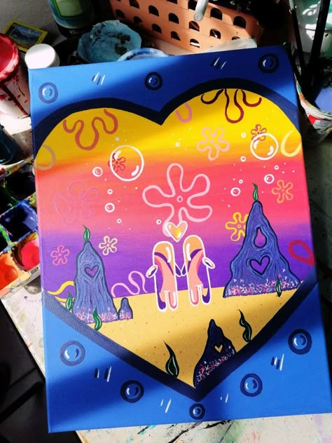 Bf Gf Painting Ideas, Small Canvas Paintings Ideas, Cute Paintings For Bf, Canvas Painting For Bf, Bsf Painting Ideas, Painting Ideas On Canvas For Boyfriend, Cute Love Paintings, Painting Ideas On Canvas Spongebob, Spongebob Art