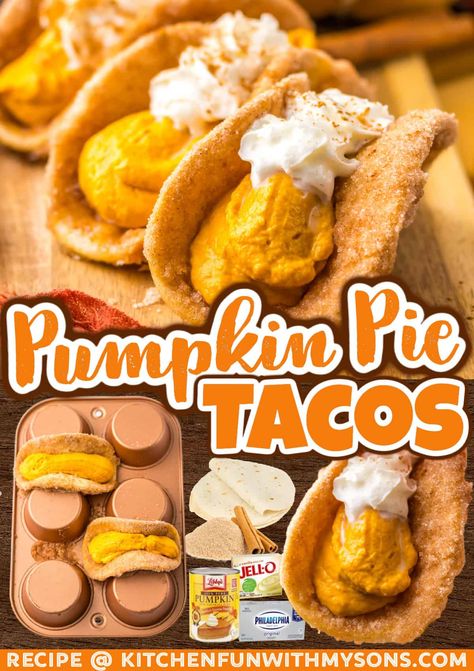 These Pumpkin Pie Tacos are a unique pumpkin dessert that everyone loves. They have a crispy cinnamon sugar shell and creamy pumpkin filling—the perfect Fall treat! Pumpkin Pie Dessert Tacos, Pumpkin Pie Taco, Pumpkin Pie Tacos Recipe, Pumpkin Pie With Pumpkin Pie Spice, Pumpkin Pie Tacos, Pumpkin Tortillas, Pumpkin Tacos, Cinnamon Sugar Tortilla, Autumn Dishes