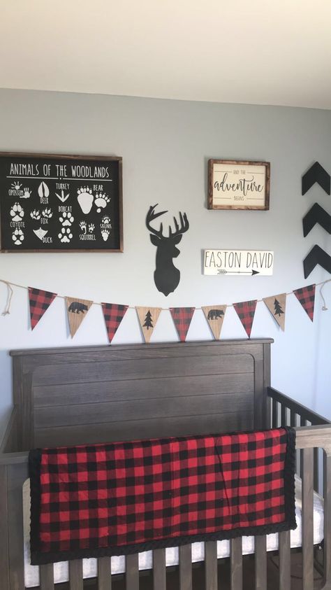 Baby boy wilderness nursery Wilderness Nursery, Buffalo Plaid Nursery, Rustic Baby Boy Nursery, Lumberjack Nursery, Woodland Baby Bedding, Plaid Nursery, Boy Nursery Themes, Baby Boy Nursery Themes, Nursery Boy