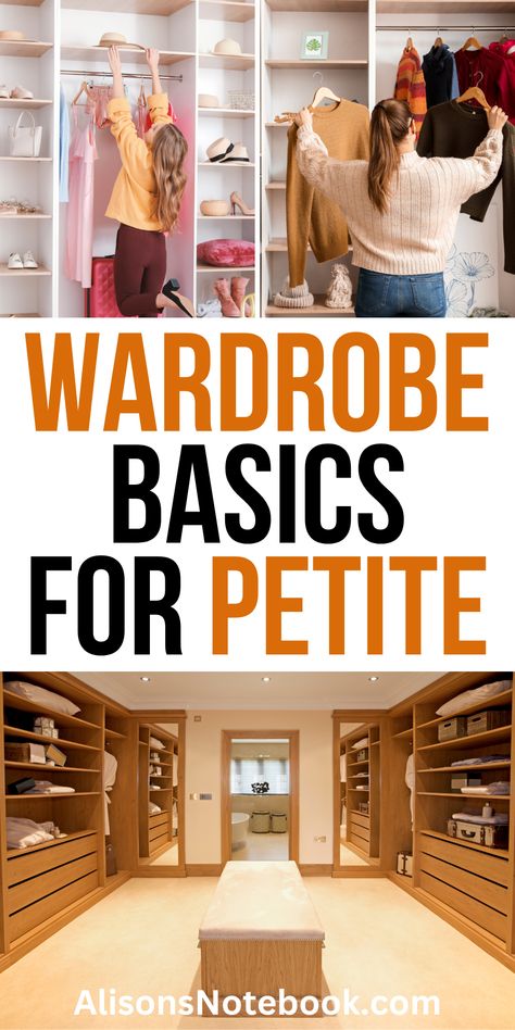 Discover the essential wardrobe basics for petite women! This guide highlights key clothing items that flatter smaller frames, from tailored blazers to versatile dresses. Learn how to create a stylish and functional wardrobe that enhances your natural proportions and boosts your confidence. Petite Wardrobe Capsule, Petite Capsule Wardrobe, Essential Clothing Pieces, Stylish Petite Woman, Petite Dressing, Outfit For Petite Women, Outfits For Petite, Functional Wardrobe, Short People