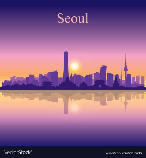 Seoul city silhouette on sunset Seoul Illustration City, Seoul Painting, Seoul Illustration, Seoul Wallpaper, Seoul Skyline, Seoul Night, Geometric Art Animal, Sunrise City, Seoul City