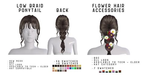 《reposted》Low braid ponytail & Flower accessories | Patreon Sims 4 Flower Hair, Low Braid Ponytail, Sims 4 Yandere Simulator, Sims Princess, Low Braid, Sims Cc Cas, Sims 4 Room Ideas, Mother Earth Gaia, Sims 4 Infants