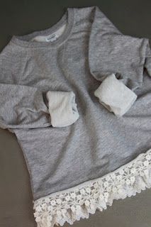 nice idea for making a boring mens sweatshirt unique and cute.  Show Me Cute: No Sew Lace Sweatshirt Sewing Clothes Refashion, Gamle T Shirts, Sweatshirt Diy, Sweatshirt Refashion, Upcycle Sweatshirt, Lace Sweatshirt, Pieces Of Clothing, Diy Vetement, Diy Sweatshirt