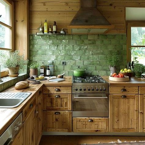 Green Forest Kitchen, Green Backsplash Wood Cabinets, Green And Wood Kitchen Ideas, Green And Wood Kitchen, Earthy Kitchen Ideas, Kitchen With Green Cabinets, Modern Cabin Kitchen, Wood Kitchen Design, Green Kitchen Backsplash