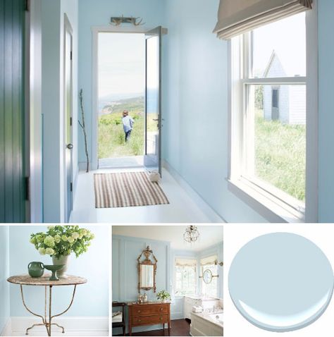 Benjamin-Moore's-A-Breath-of-Fresh-Air-Paint-COlor. Benjamin Moore Ocean Air, Light Blue Paint Colors, Traditional Entry, Light Blue Paints, Light Blue Walls, Benjamin Moore White, Trending Paint Colors, Paint Colors Benjamin Moore, Benjamin Moore Colors